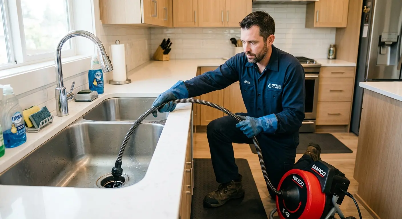Drain cleaning technician using a motorized snake on a kitchen sink in Overland Park