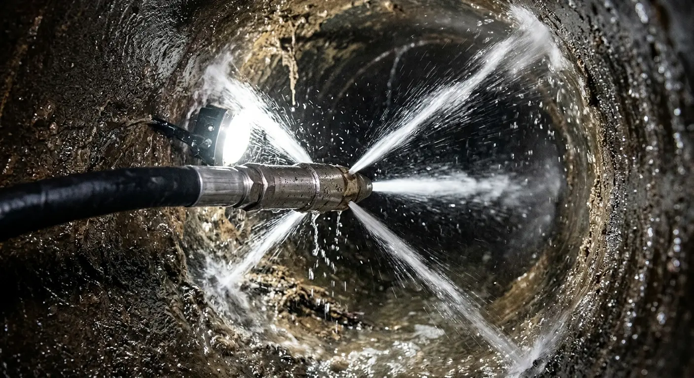High-pressure hydro jetting nozzle cleaning sewer pipe for Emergency Drain Service in Overland Park