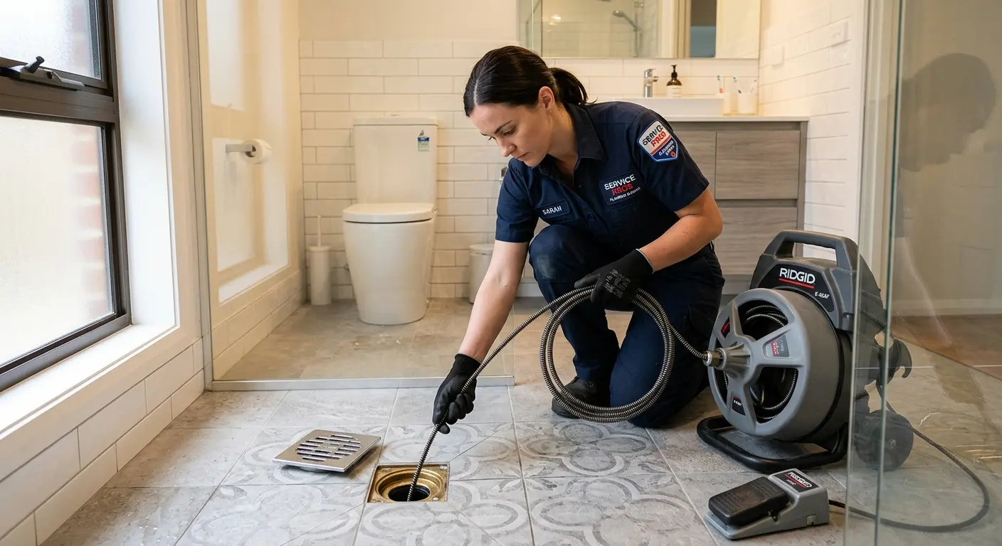 Technician clearing a bathroom floor drain for Drain Repair in Overland Park